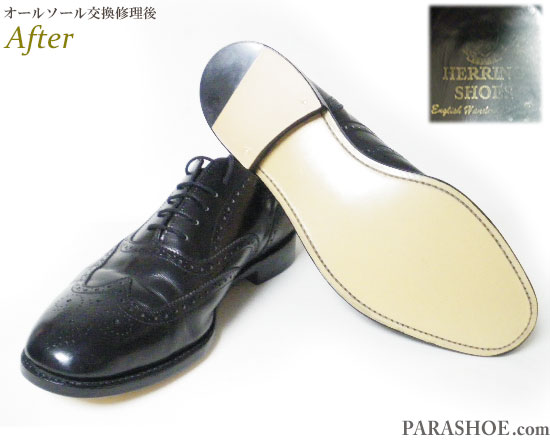 ヘリングシューズ（Herring Shoes）内羽根ウィングチップ ドレスシューズ 黒（メンズ 革靴・ビジネスシューズ・紳士靴）オールソール交換修理（靴底張替え修繕リペア）／レザーソール（革底）＋革積み上げヒール＋半革リフト－グッドイヤーウェルト製法 修理後